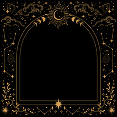 Celestial frame with stars, sun, herbs and a copy space. Banner with an elegant border and a place for text