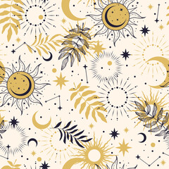 Boho seamless vector pattern with leaves, moons and stars. Boho pattern for astrology, esoteric, tarot, mystic and magic.