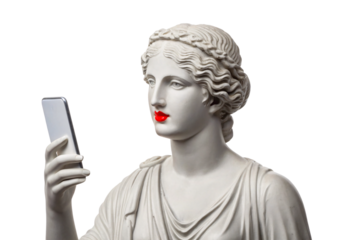 Classical white marble statue with red lips holding smartphone, isolated on a transparent background