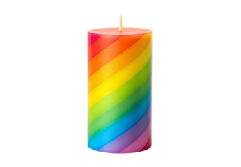 Colorful rainbow striped pillar candle with diagonal swirl pattern, isolated on a transparent background