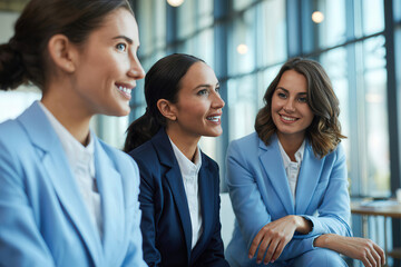 A group of three professional businesswomen sitting in a modern office hallway having a friendly discussion and smiling while dressed in elegant blue and navy suits.