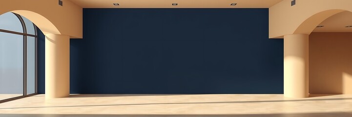 Spacious interior with large arched windows, cream columns, and a deep navy blue accent wall, illuminated by natural light.