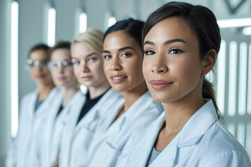 Diverse group of confident female scientists in white lab coats standing in a row in a modern research laboratory or hospital hallway.