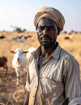 The intense, focused gaze of a Fulani herder is captured, standing alone beside his small flock of goats on a dry, open plain.