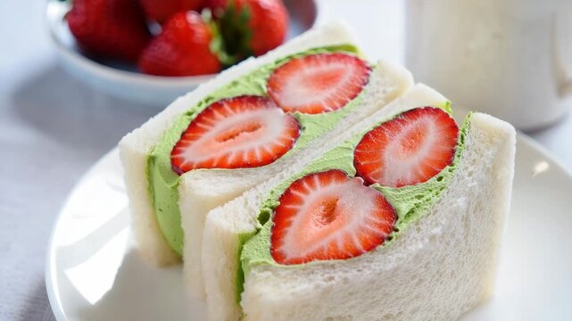 Strawberry fruit sando with green whipped cream Japanese inspired sandwich dessert