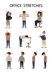 Office workers stretching.  Stretch exercises to relieve neck pai. Medical banner or poster. Vector