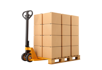 Yellow pallet jack with stacked cardboard boxes on wooden pallet, isolated on a transparent background