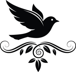 Bird silhouette with flourish, decorative vector design, elegant flying pose, black and white art, ornamental nature concept, artistic animal illustration, graceful symmetry