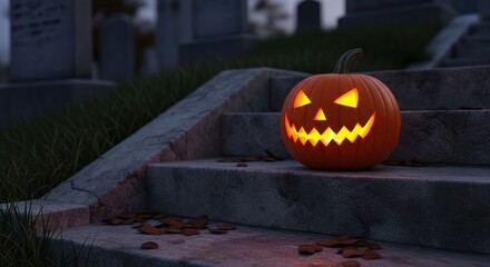A carved jack-o'-lantern sits glowing on stone steps in a dimly lit graveyard at dusk, surrounded by autumn leaves and tombstones