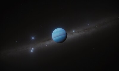 A celestial blue planet, bathed in the inky blackness of space, with a vibrant galaxy arc
