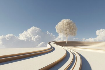 Abstract artwork of a path leading to a singular tree.