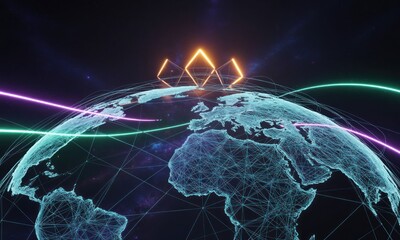 A digital globe, network-connected, with glowing geometric shapes above