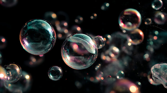 Floating soap bubbles with colorful rainbow reflections against a black background, abstract iridescent texture