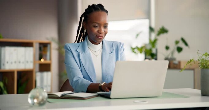 Media agency, thinking and black woman with laptop, planning and solution for creative project. African person, copywriting and journalist with pc, decision or website info with publishing and choice