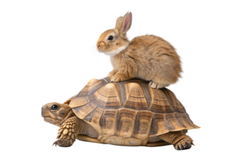 Brown rabbit perched on back of large tortoise shell, isolated on a transparent background