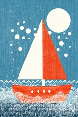 Sailboat under the Moon on a Blue Sea at Night