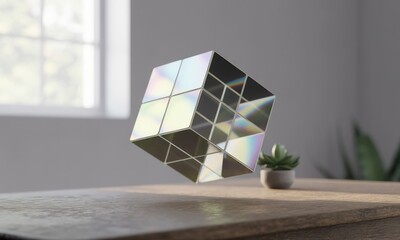 A translucent, iridescent cube floats over a wooden table in a bright room with a window