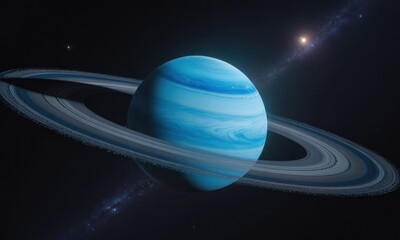 A vibrant blue planet with a prominent ring system in deep space