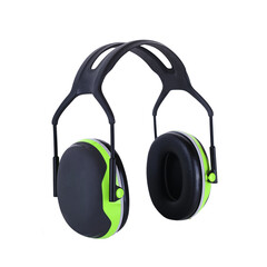 Protective soundproof headphones for pilots in black and bright green colors on an isolated background