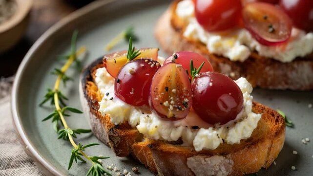 Pickled grapes on toasted sourdough with ricotta, glossy vinegar brine glaze, thyme sprigs, cracked pepper seasoning, cheese board appetizer, jarred ferment preserve, savory sweet contrast
