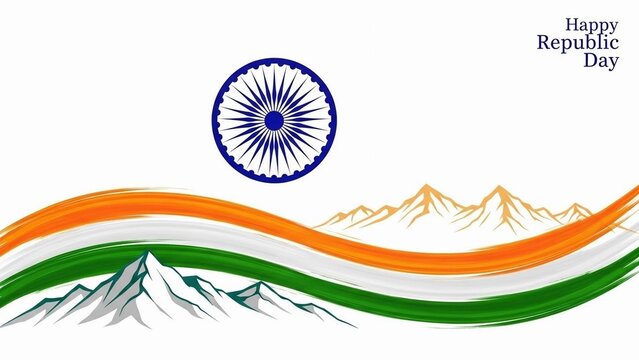 Minimalist graphic design celebrating indian republic day featuring the ashoka chakra flowing tricolor flag elements and stylized mountain ranges against a white background