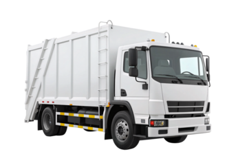 White garbage truck with rear-loading compactor and yellow safety striping, isolated on a transparent background