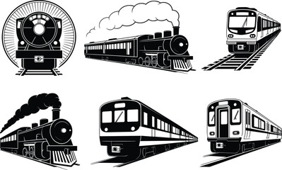 Train silhouette vector set, steam and modern locomotives, black transport icons, railway front side view, travel engine design, motion concept © KanonRani art