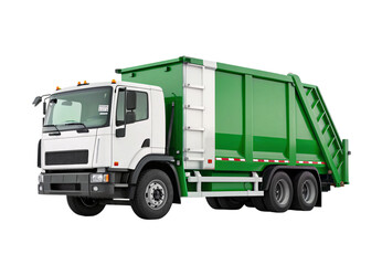 White cab garbage truck with green rear-loading compactor and dual axles, isolated on a transparent background