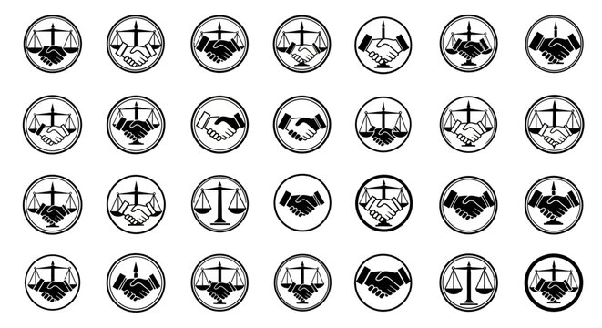 Justice and partnership icons symbolizing law practice ethics with scales and handshake