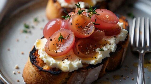 Artisan crostini with marinated red grapes fresh cheese, rustic toasted bread with glossy grape topping, gourmet appetizer idea wine pairing, catering menu, restaurant starters, food branding visuals