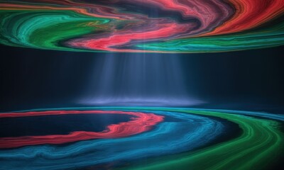 Abstract, swirling, colorful shapes, creating a futuristic, ethereal, interior space