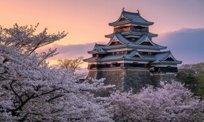 Naklejka premium Ancient Japanese castle at twilight, framed by blossoming cherry trees