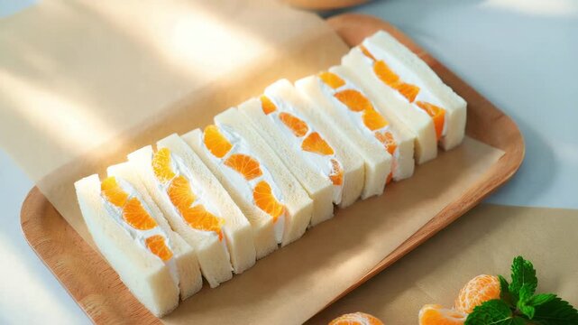 Fresh Japanese mandarin fruit sando with whipped cream on soft milk bread, arranged in rows on wooden tray with mint garnish, minimalist aesthetic dessert, light citrus snack for breakfast or brunch