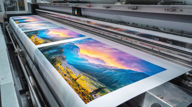 Large printing machine produces vibrant landscape prints in a production facility
