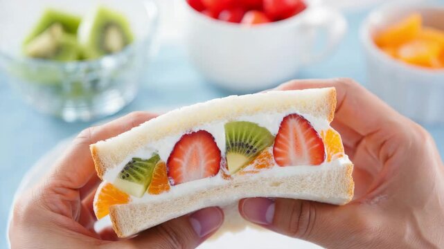 Japanese fruit sando with whipped cream and fresh fruits in hands, vibrant colors of strawberries, kiwi, and mandarins, sweet and refreshing treat, delightful cafe snack
