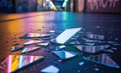 Broken mirror shards litter a city street, vibrant neon lights reflecting on the glass