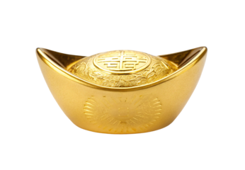 Golden Chinese yuanbao ingot with traditional prosperity symbols and decorative engravings, isolated on a transparent background