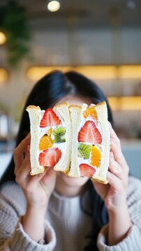 Close up of Japanese fruit sando sandwich with strawberry kiwi and citrus slices, playful cafe snack composition, clean cut whipped cream dessert, contemporary food concept for advertising