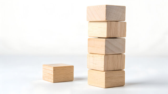 Five wooden blocks stacked vertically next to one single block, isolated on white background