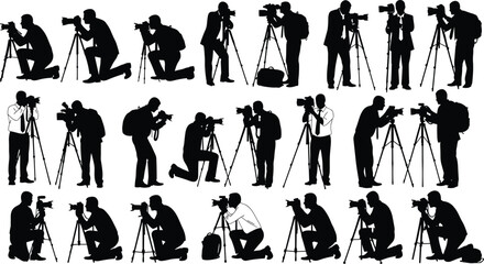 Photographer silhouette vector set, camera tripod poses, black illustration, professional shooting stance, photography icon collection, creative media, outdoor photo concept © KanonRani art