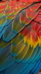Obraz premium Vibrant Tropical Macaw Feathers Close-up - Colorful Rainbow Bird Plumage Wallpaper
