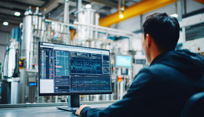 Worker monitors data analysis on a computer in a factory environment during work hours