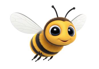 Cute cartoon bee with big eyes and fluffy yellow body, isolated on a transparent background