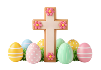 Wooden cross with pink flowers and decorated Easter eggs arrangement, isolated on a transparent background