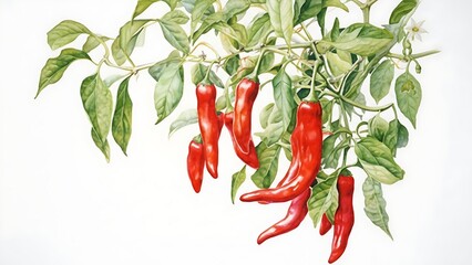 A Minimal Watercolor Painting of Chili Peppers Growing on a Farm on white