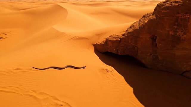 Snake slithering across a vast desert landscape, sand dunes.