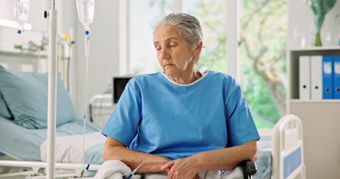Hospital, thinking and senior woman on wheelchair, lonely and elderly patient with depression or sad. Clinic, reflection and old person with disability, remember and alone with paralysis and stroke