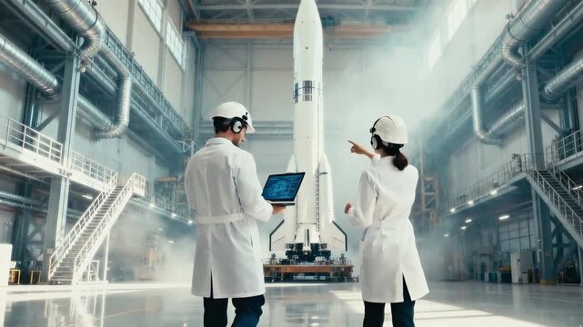 Engineers in White Lab Coats Stand in Aerospace Hangar, Reviewing Rocket Diagnostics on Laptop While Supervising a Launch of Spaceship During Preflight Inspection, Preparation.