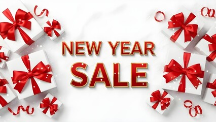 New Year sale text with decorated gift boxes on white background  