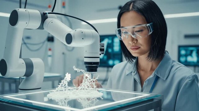 Focused Scientist Operates a Robotic Arm to 3d Print Intricate Biomaterial in a High Tech Laboratory, Advanced Automation, Precision Engineering, and Futuristic Medical Research  Innovation.